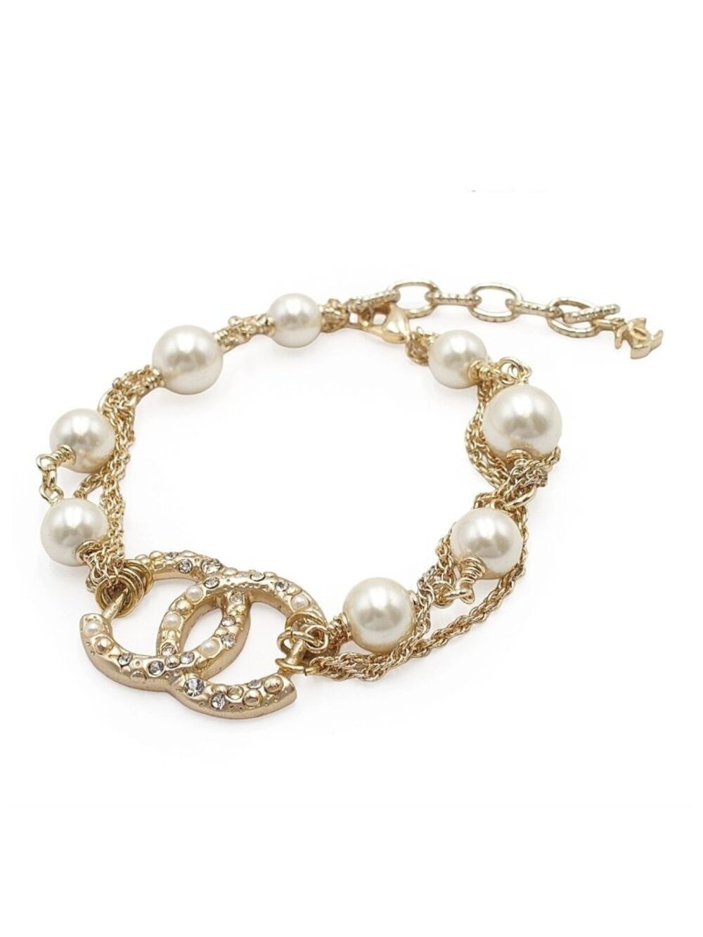 Chanel Bracelet Gold Metal Costume Pearl Color Stone CC Logo Triple Strand Chain